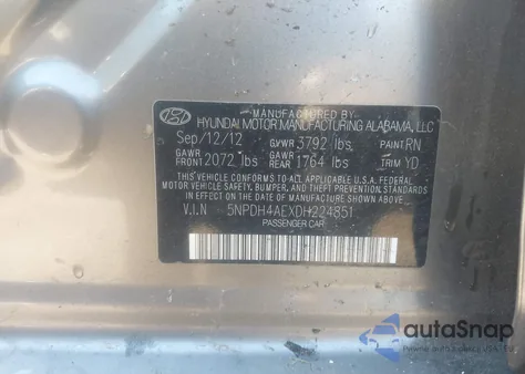 2013 Hyundai Elantra Gls z USA, uszkodzony, nr VIN 5NPDH4AEXDH224851